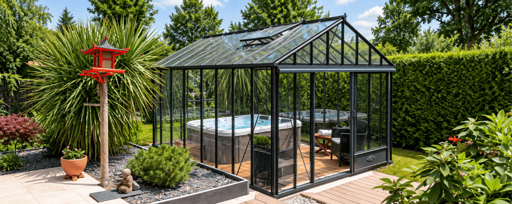 Spa installé dans une serre Luxia rétro LAMS aménagée en espace bien-être